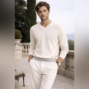 Club Monaco Sweater Mens Medium V Neck Cashmere Blend Cream Gray Preppy Casual